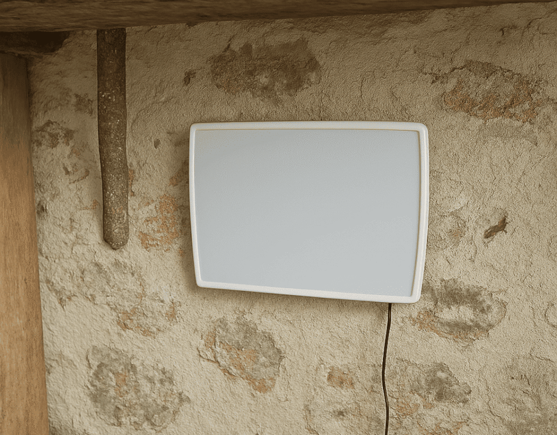 Appareil filaire ATE installé sur un mur humide avec traces de moisissures – Solution pour traiter les remontées capillaires et l'humidité ascensionnelle